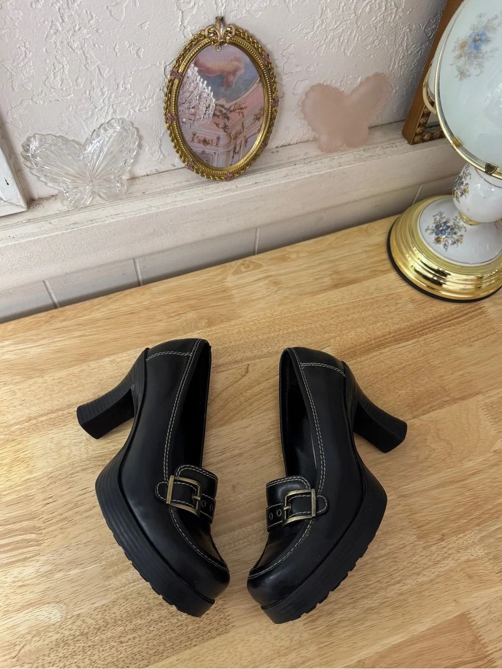 Ellemenno Black Y2K Platform Buckle Loafer Heels Size 8.5 Grunge